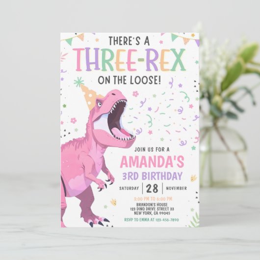Pink Dinosaur Birthday Invitation Editable Three 3 Kaart (Staand voorkant)