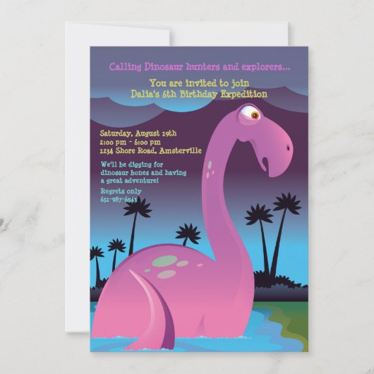 Pink Dinosaur Birthday Party Invitation Kaart (Voorkant)