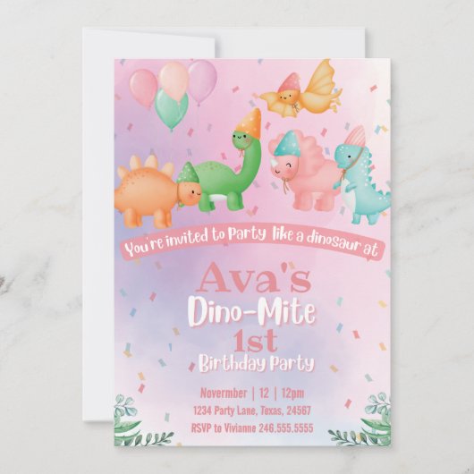 Pink Dinosaur Birthday Uitnodiging (Voorkant)