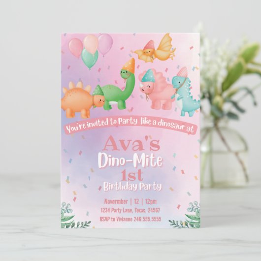 Pink Dinosaur Birthday Uitnodiging (Staand voorkant)