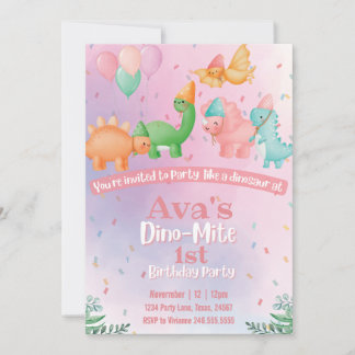 Pink Dinosaur Birthday Uitnodiging