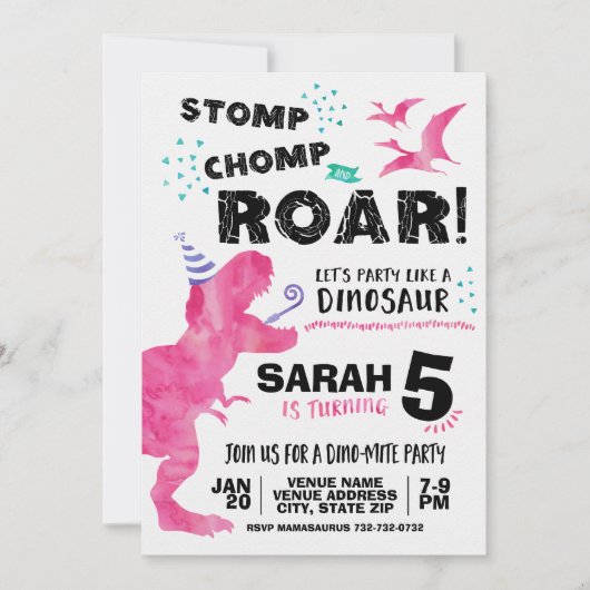 Pink Dinosaur Birthday Uitnodiging (Voorkant)