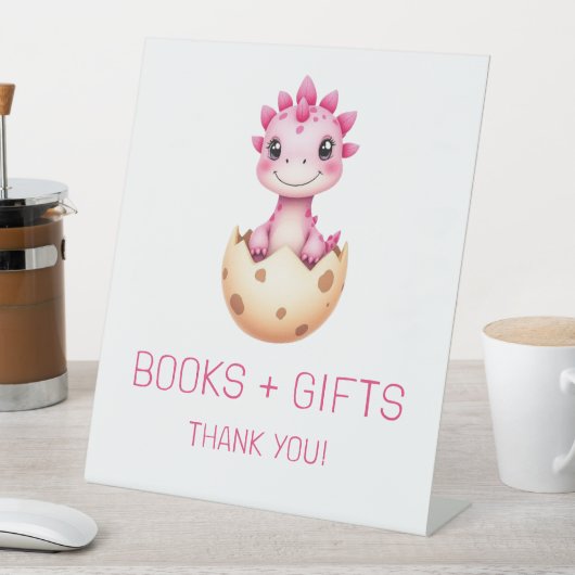 Pink Dinosaur Books and Gifts Baby Shower Sign Reclamebord Met Voetstuk (Insitu)