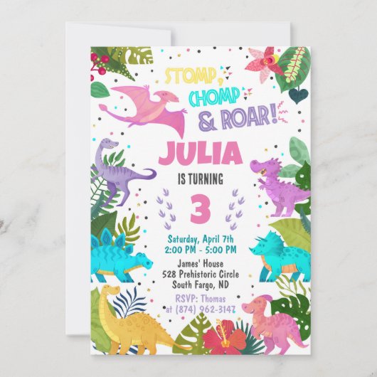 Pink Dinosaur Girl Invitation Kaart (Voorkant)