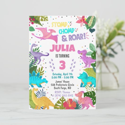 Pink Dinosaur Girl Invitation Kaart (Staand voorkant)