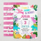 Pink Dinosaur Girl Invitation Kaart (Voorkant / Achterkant)
