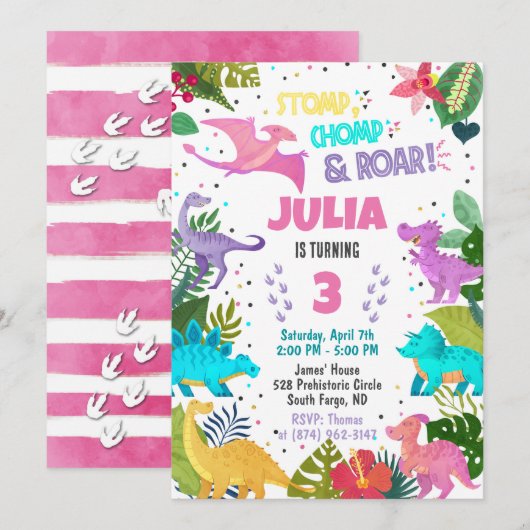 Pink Dinosaur Girl Invitation Kaart (Voorkant / Achterkant)