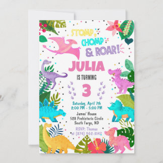 Pink Dinosaur Girl Invitation Kaart