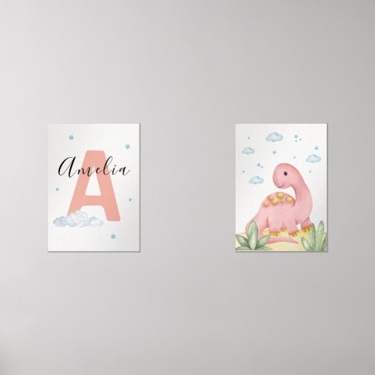 Pink Dinosaur Nursery Wall Art Set of 2 Print Set (Voorkant)