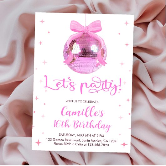 Pink Disco Ball | pink bow Birthday  Kaart