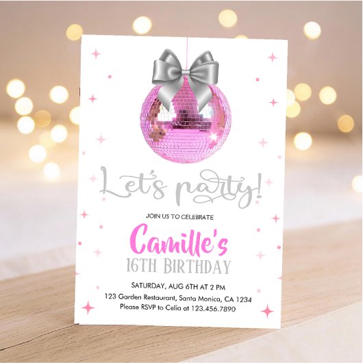 Pink Disco Ball | Silver bow Birthday  Kaart