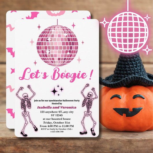 Pink Disco Ball Skeleton Halloween Party voor meis Kaart