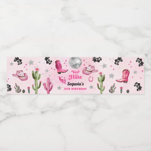 Pink Disco Cowgirl Party Waterfles Etiket (Enkel label)