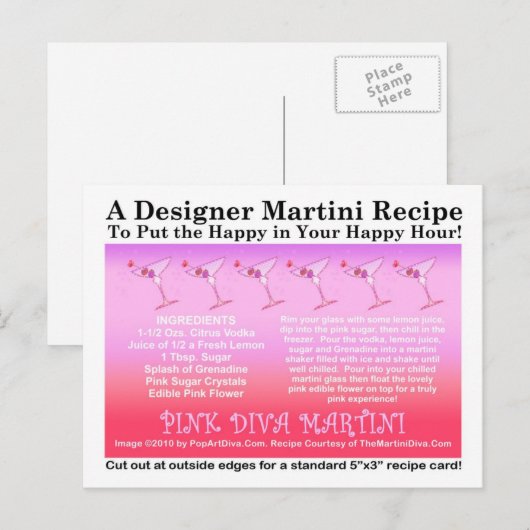 Pink Diva Martini Recept Kaart Briefkaart (Voorkant / Achterkant)