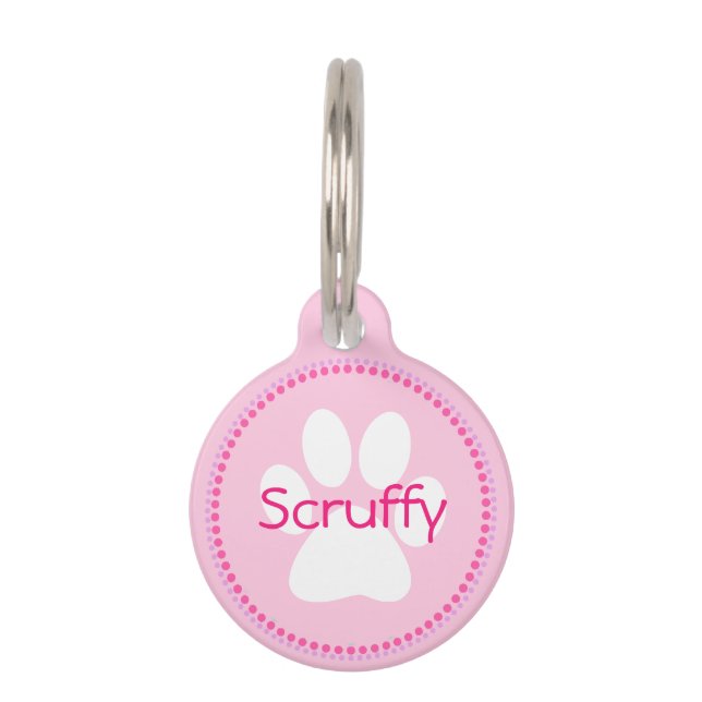 Pink Dog Naam en adres Paw Print Dog Label Huisdierpenning (Voorkant)
