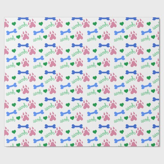 Pink Dog Paws Blue Bones Green Hearts Woof Pattern Cadeaupapier (Vlak)