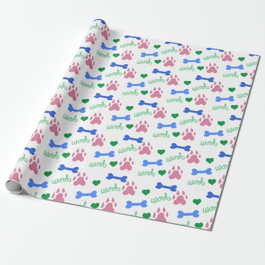 Pink Dog Paws Blue Bones Green Hearts Woof Pattern Cadeaupapier (Uitgerold)
