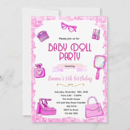 Pink doll party invitation kaart (Voorkant)