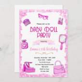 Pink doll party invitation kaart (Voorkant / Achterkant)