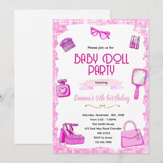 Pink doll party invitation kaart (Voorkant / Achterkant)