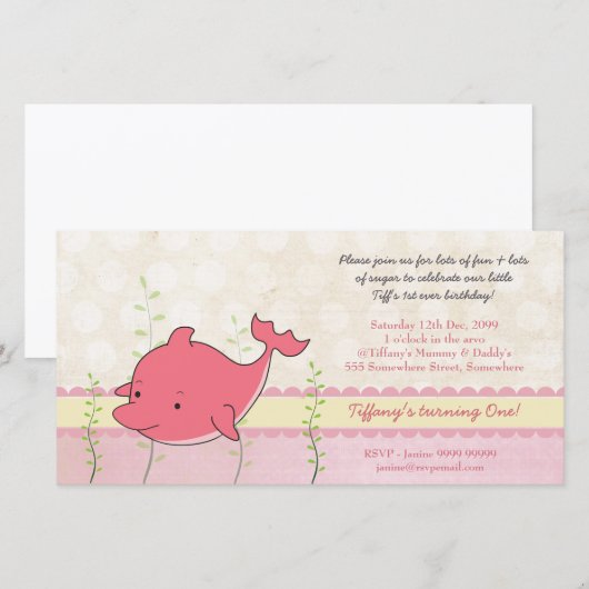 Pink Dolphin Baby Girls 1e verjaardag Partij nodig (Voorkant / Achterkant)