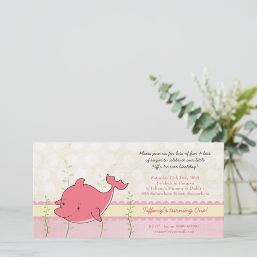 Pink Dolphin Baby Girls 1e verjaardag Partij nodig (Staand voorkant)