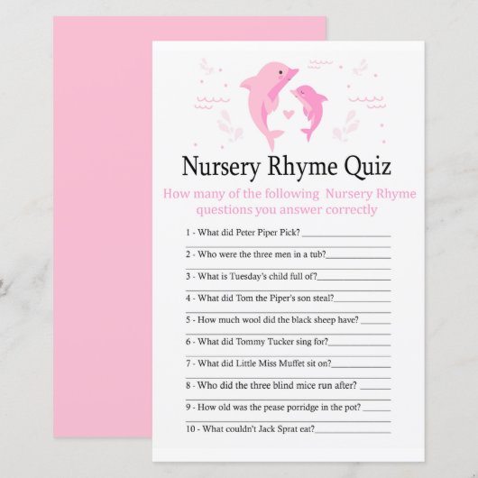 Pink Dolphin Nursery Rhyme Quiz baby shower game (Voorkant / Achterkant)