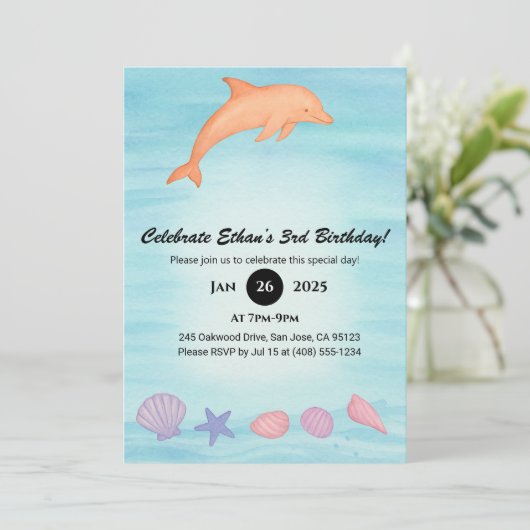 Pink Dolphin & Seashell Beach Birthday  Kaart (Staand voorkant)