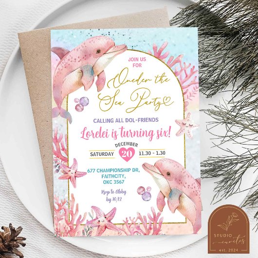 Pink Dolphins Zee Party Eerste Verjaardag Meisje Kaart