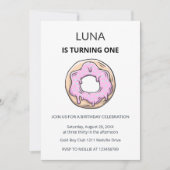Pink Donut 1st Birthday Invitation Girl Kaart (Voorkant)