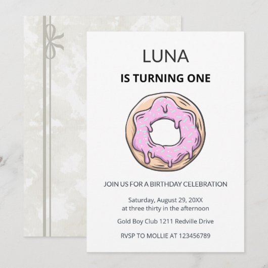 Pink Donut 1st Birthday Invitation Girl Kaart (Voorkant / Achterkant)