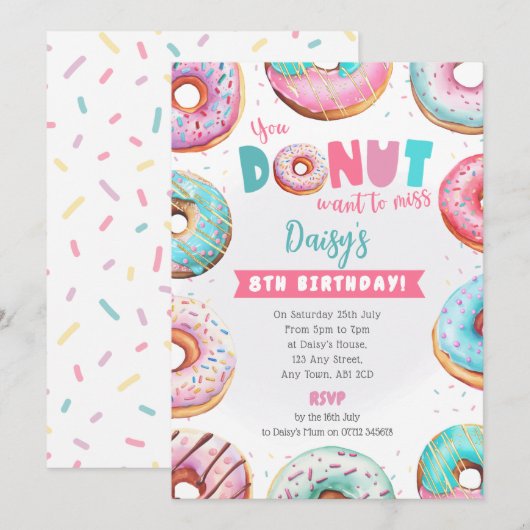 Pink Donut Verjaardag Nodig je Donut wilt missen Kaart (Voorkant / Achterkant)