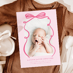 Pink Doodle Bow Lijst Geboorteaankondiging Foto Aankondiging