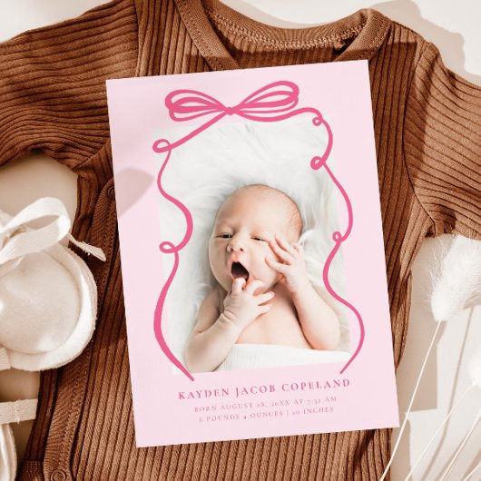 Pink Doodle Bow Lijst Geboorteaankondiging Foto Aankondiging