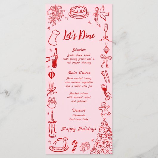 Pink Doodle Christmas Menu Quirky Fun Holiday Menu (Voorkant)