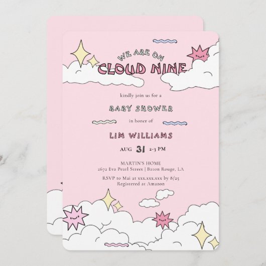 Pink Doodle Cloud Nine Baby shower Kaart (Voorkant / Achterkant)