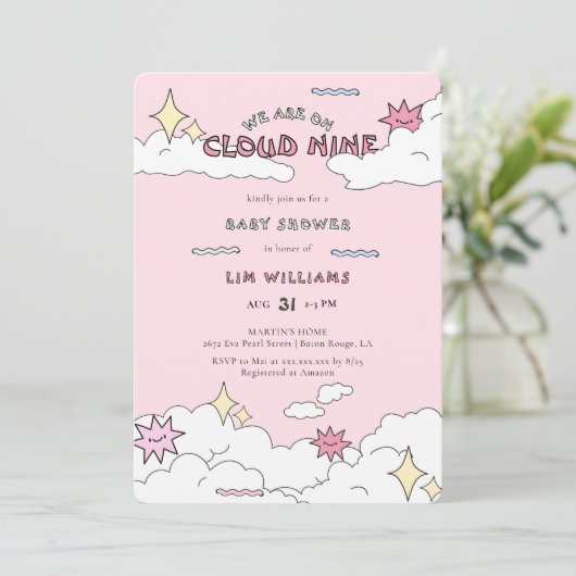 Pink Doodle Cloud Nine Baby shower Kaart (Staand voorkant)