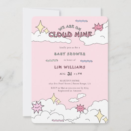 Pink Doodle Cloud Nine Baby shower Kaart (Voorkant)