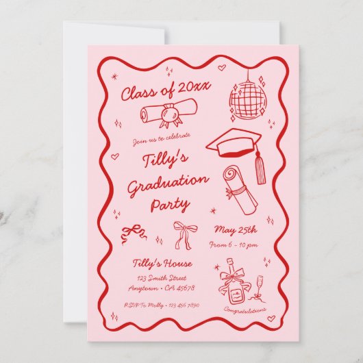 Pink Doodle Graduation Party Uitnodiging grillig (Voorkant)