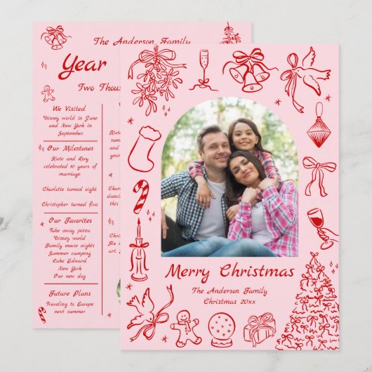 Pink Doodle Jaar in Review Kaart Familie Nieuwsbri (Voorkant / Achterkant)