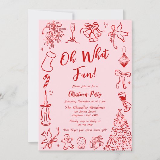Pink Doodle Kerstfeest Uitnodiging Quirky Fun (Voorkant)