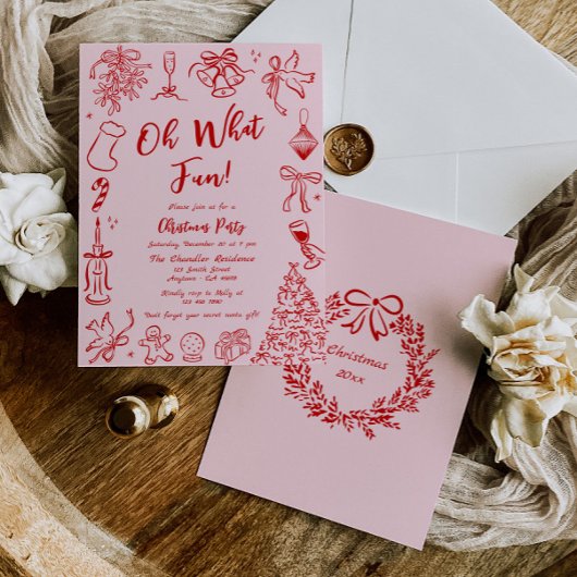 Pink Doodle Kerstfeest Uitnodiging Quirky Fun