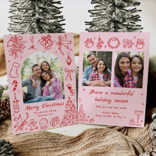 Pink Doodles Christmas Kaart Foto Trendy Vakantie
