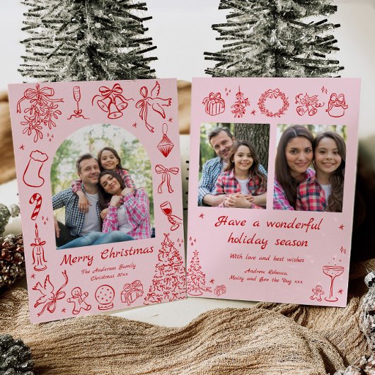 Pink Doodles Christmas Kaart Foto Trendy Vakantie