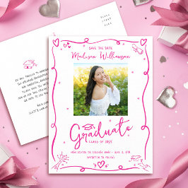 Pink Doodles Graduation Save the Date Photo White Uitnodiging Briefkaart