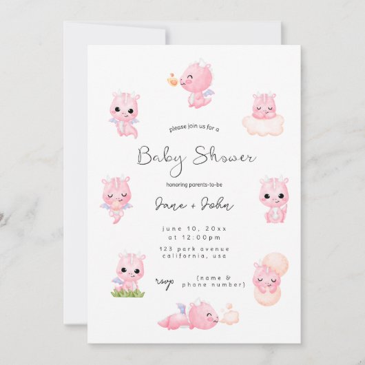 Pink Dragon Baby shower Invitation Kaart (Voorkant)