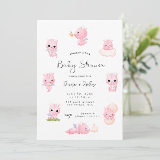 Pink Dragon Baby shower Invitation Kaart (Staand voorkant)