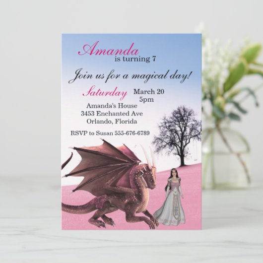 Pink Dragon Princess Magical Birthday Party Kaart (Staand voorkant)