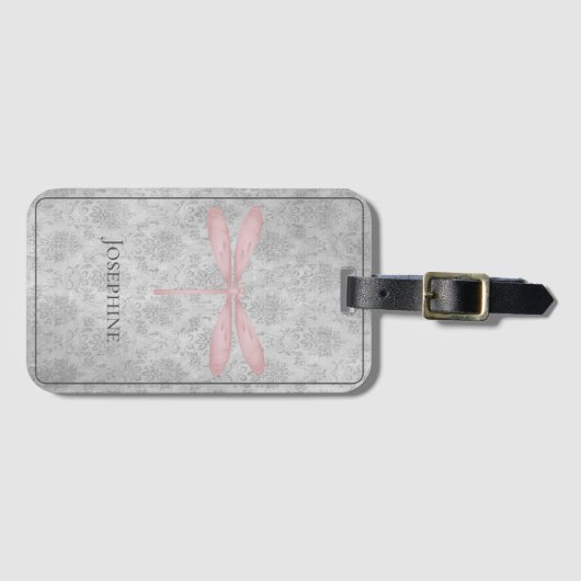 Pink Dragonfly Damask Bagagelabel (Voorkant (horizontaal))