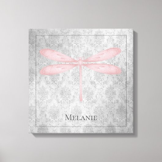 Pink Dragonfly Damask Canvas Afdruk (Voorkant)